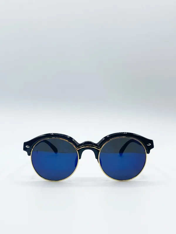 Black Round Sunglasses With Blue Lenses And Gold Detail - SVNX