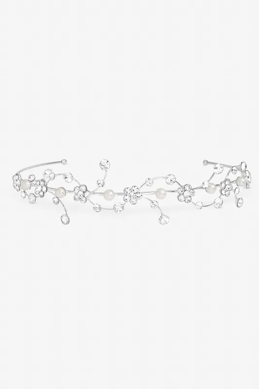 Silver Plated Crystal Flower and Pearl Headband - Gift Pouch
