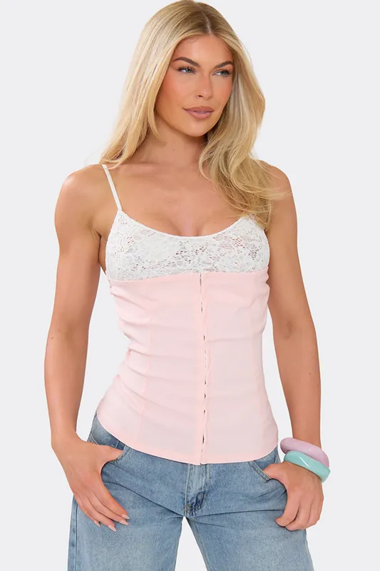 Strappy Hook And Eye Straight Neck Contrast Lace Corset Top - EGO