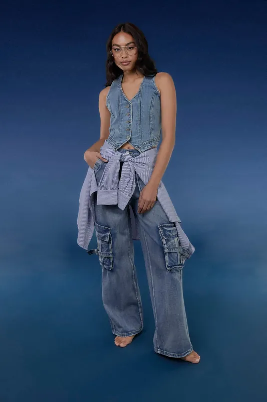 Light Blue Casual Pocket Cargo Jeans - Pink Vanilla