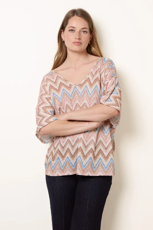 Beige Zig Zag Metallic Bow Back Top - Blue Vanilla