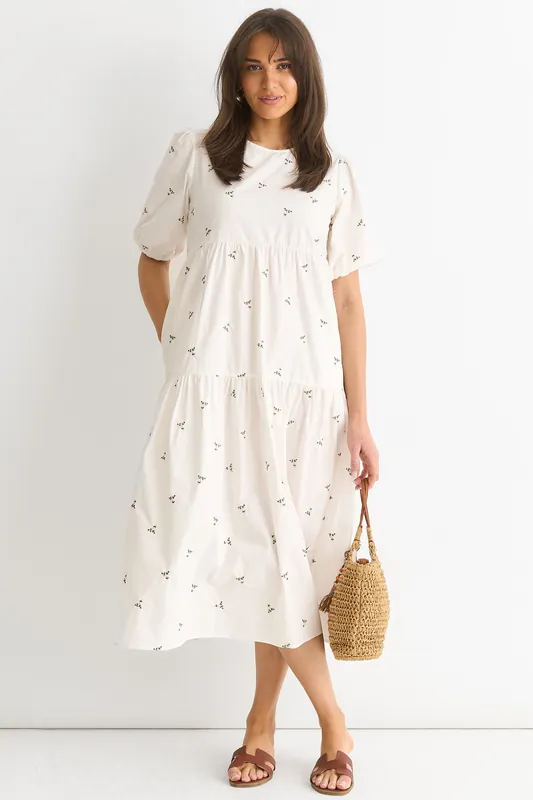 White Broderie Cotton Smock Midi Dress - Gini London
