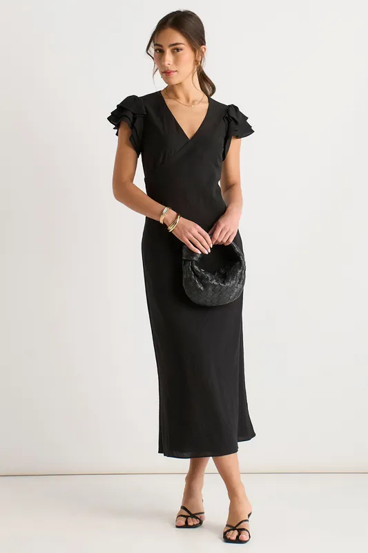 Black V Neck Ruffle Bias Midi Dress - Gini London