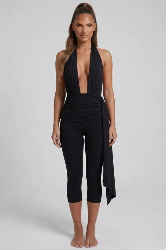 Plunge Halter Neck Ruched Drape Jumpsuit - STYLEWISE