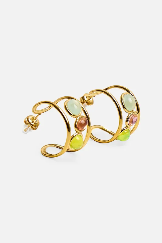 Gold Plated Hoop Earrings With Resin Stones - Public Desire
