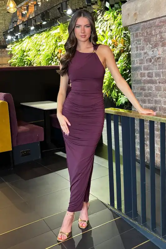 Plum Bodycon Gold Hardware Detail Midi Dress - AX Paris
