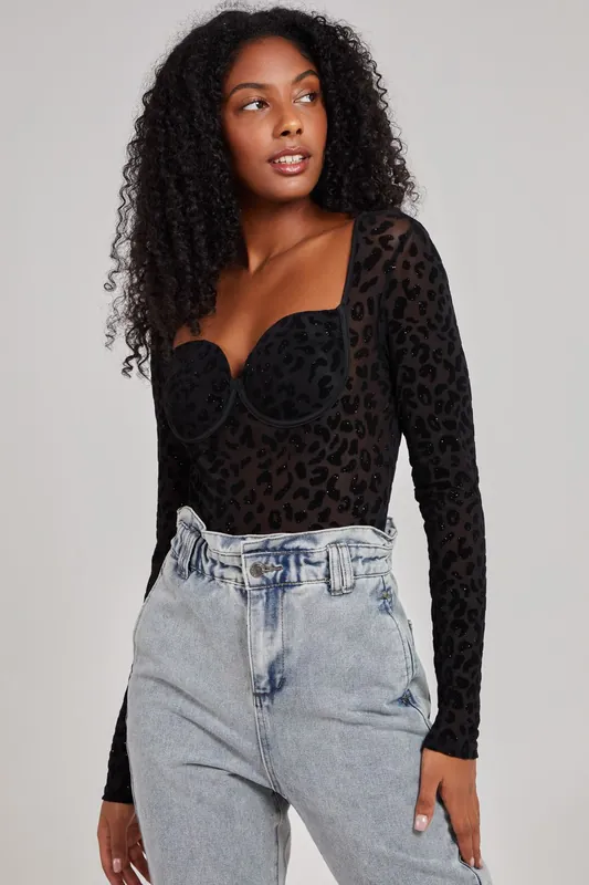 Animal Long Sleeve Bustier Bodysuit - Pink Vanilla