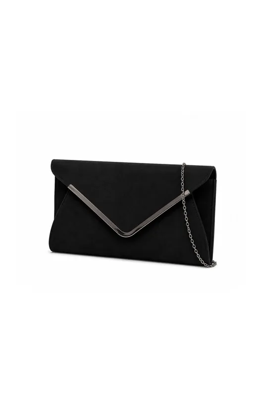 V Shape Metal Trim Fuax Suede Envelope Clutch Evening Bag - Kitise