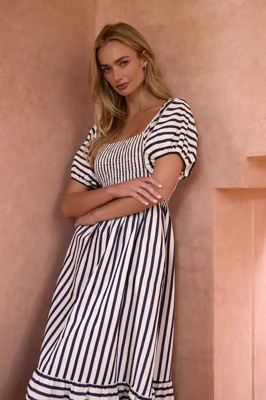 Navy Square Neck Puff Sleeve Stripe Midi Dress - Blue Vanilla