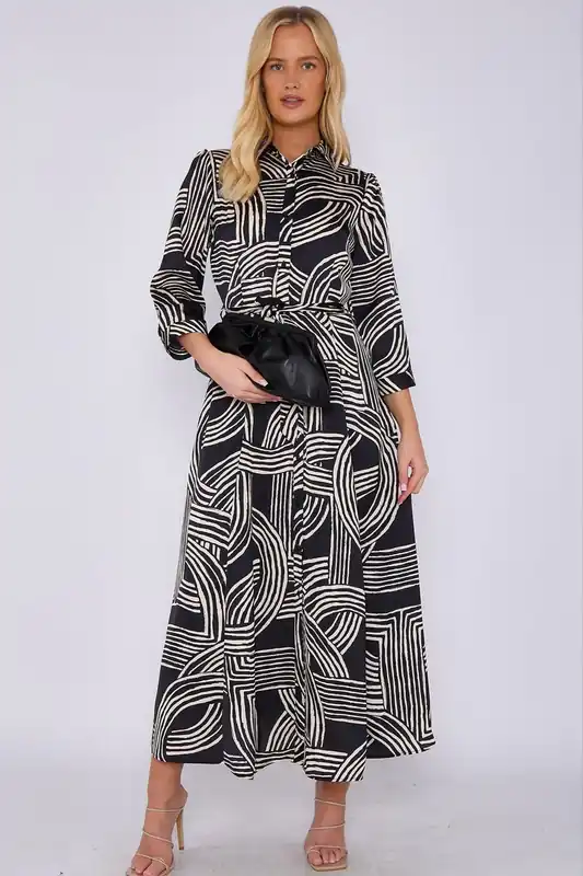 Geometric Print Satin Maxi Shirt Dress - Love Sunshine
