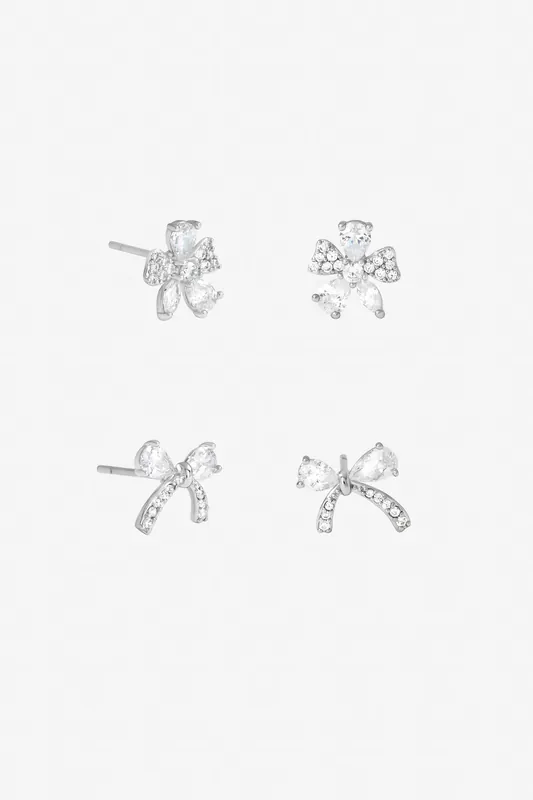 Rhodium Plated Pave Bow Earrings - Pack of 2