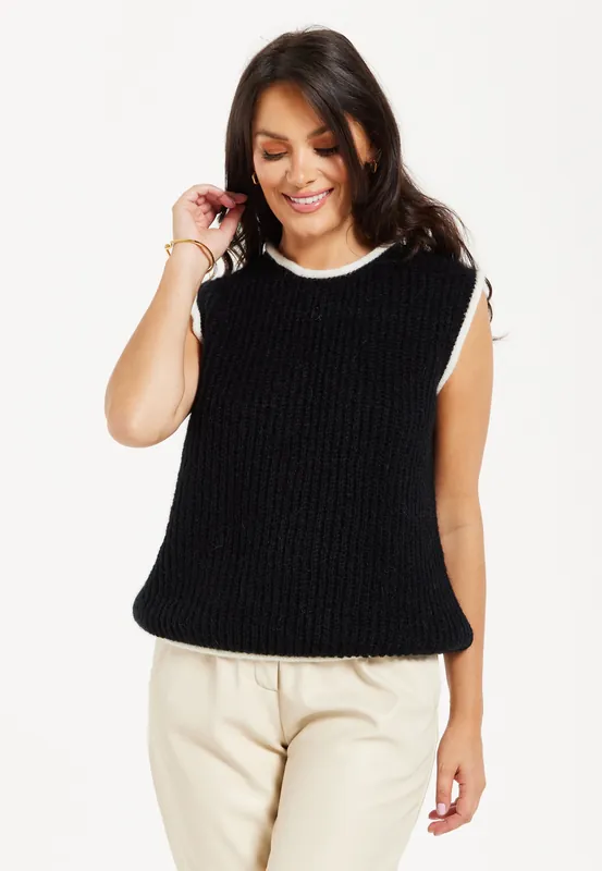 Super Soft Sleeveless Ribbed Knit Sweater Vest - Black&White