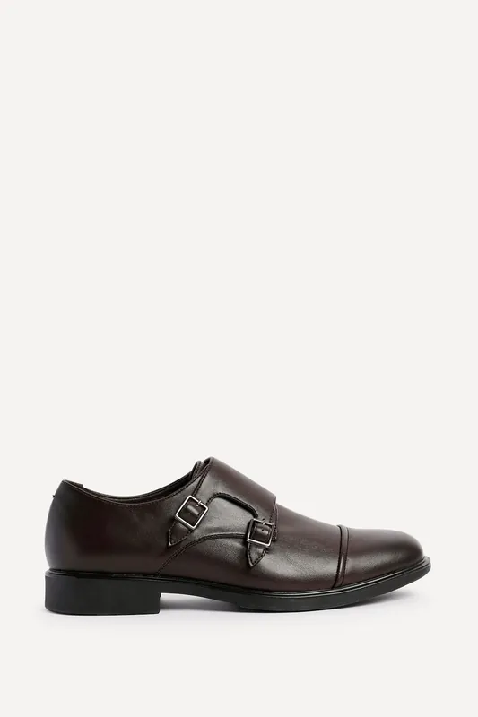 Marcello Mens Dark Brown Faux Leather Monk Strap Shoes - Linzi