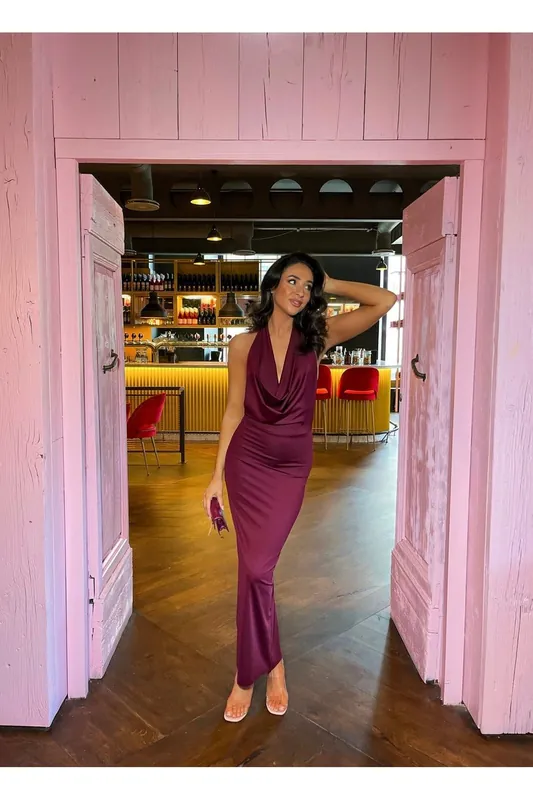 Nova Plunge Cowl Neck Backless Maxi Dress With Back Slit - IKRUSH
