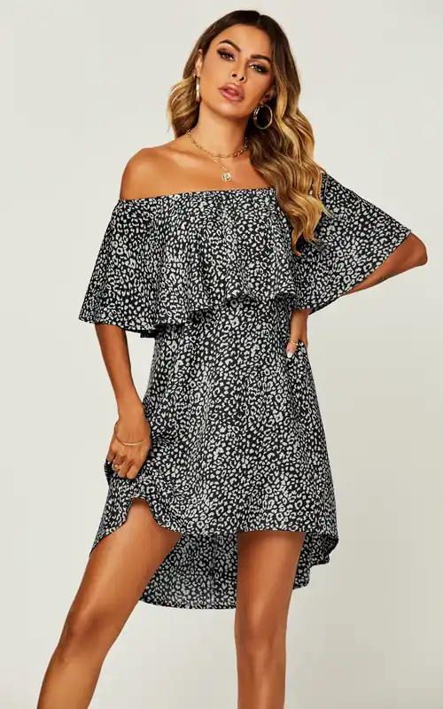 Leopard Print Bardot Frill Off Shoulder Mini Dress In Black - FS Collection