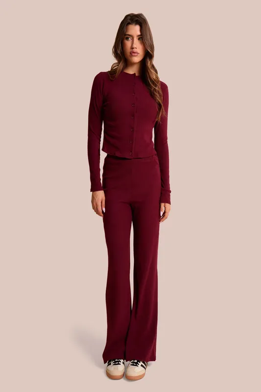 High Waist Rib Wide Leg Trouser Burgundy - Public Desire