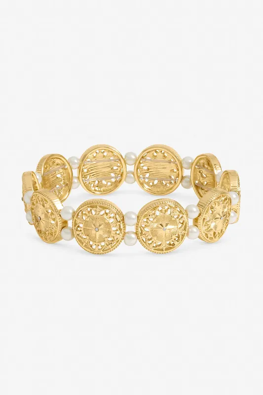 Gold Plated Filigree and Pearl Stretch Bracelet - Mood