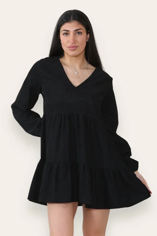 Corduroy V Neck Smock Mini Dress - ELAINA FASHION