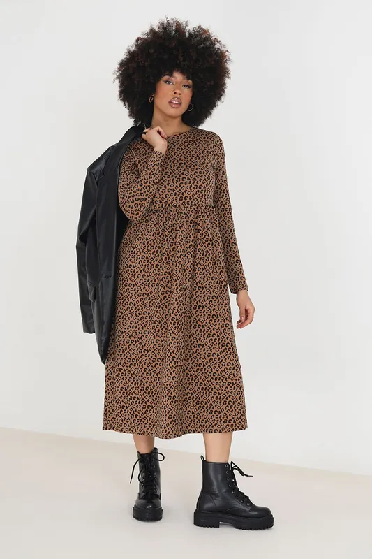 Cotton Animal Print Long Sleeve Midi Smock Dress - Brave Soul
