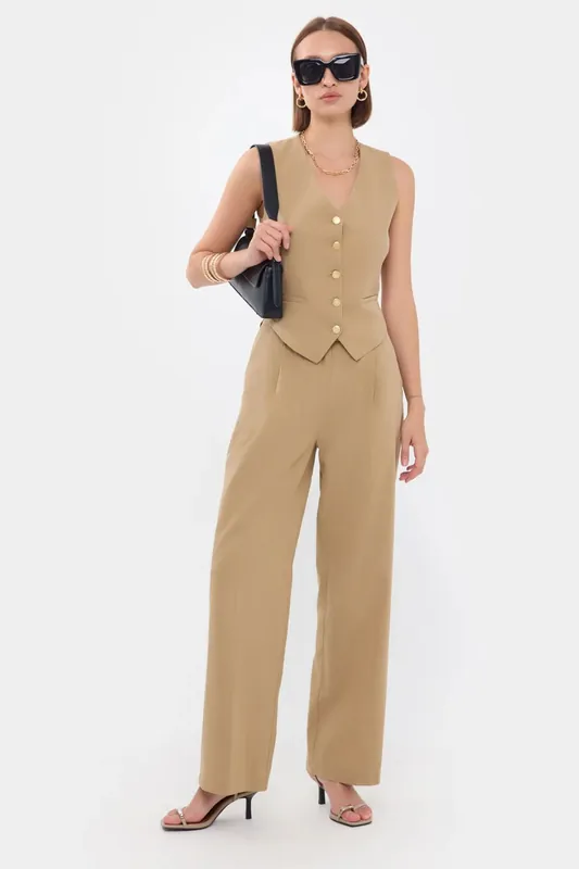 V-Neck Buttoned Waistcoat and High-Waist Pants Coords Set