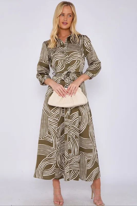 Geometric Print Satin Maxi Shirt Dress - Love Sunshine
