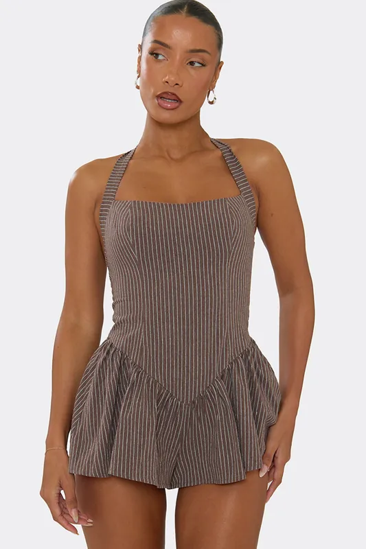 Sleeveless Halter Neck Striped Playsuit - EGO