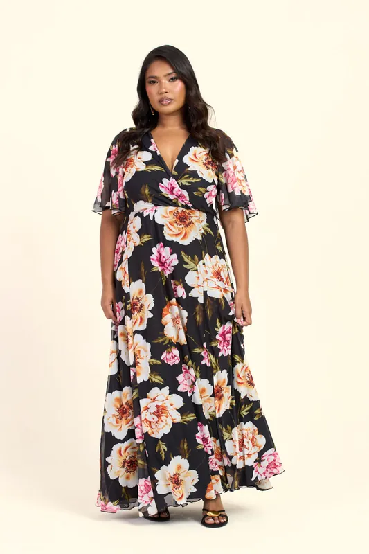 Curve Dark Floral Angel Sleeve Maxi Dress - FASHION-SZN