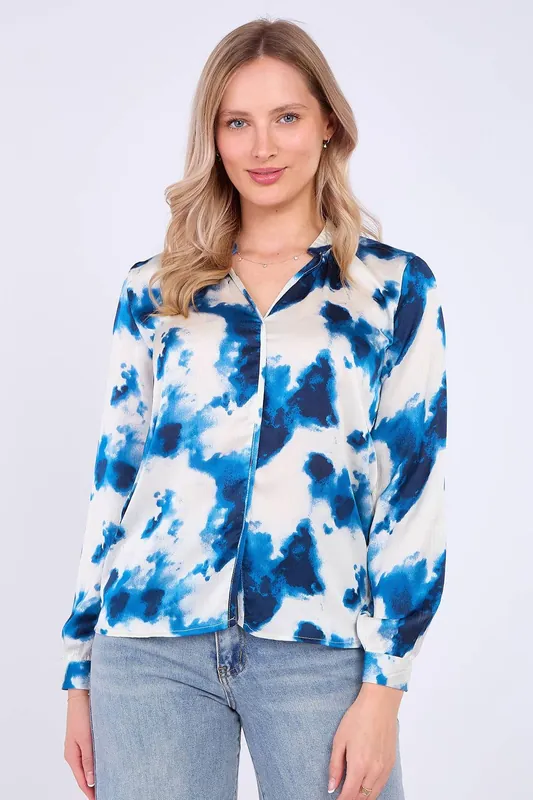 Blue Watercolour Print Satin Blouse - Love Sunshine