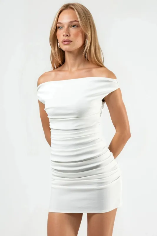 Off Shoulder Boat Neck Mini Dress - Hiccup