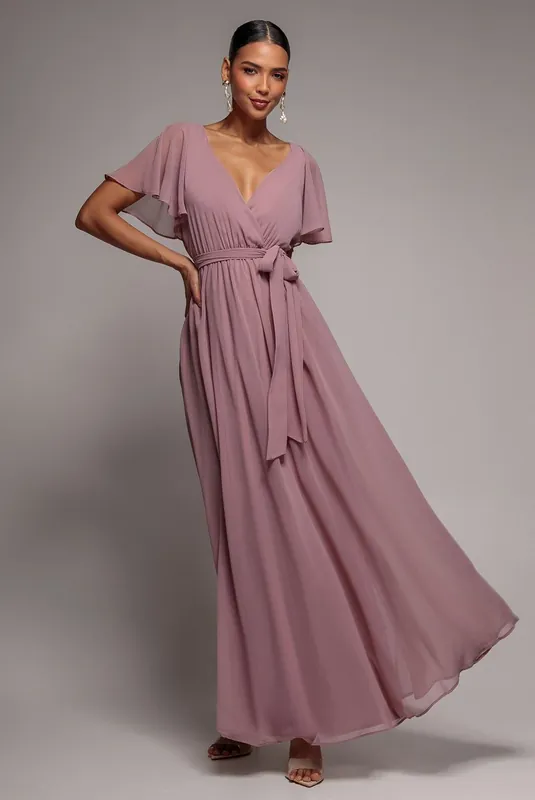 Chiffon Flutter Sleeve Wrap Maxi Dress - Goddiva