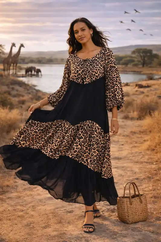 Abstract Panel Maxi Dress in Leopard Print - Belissh