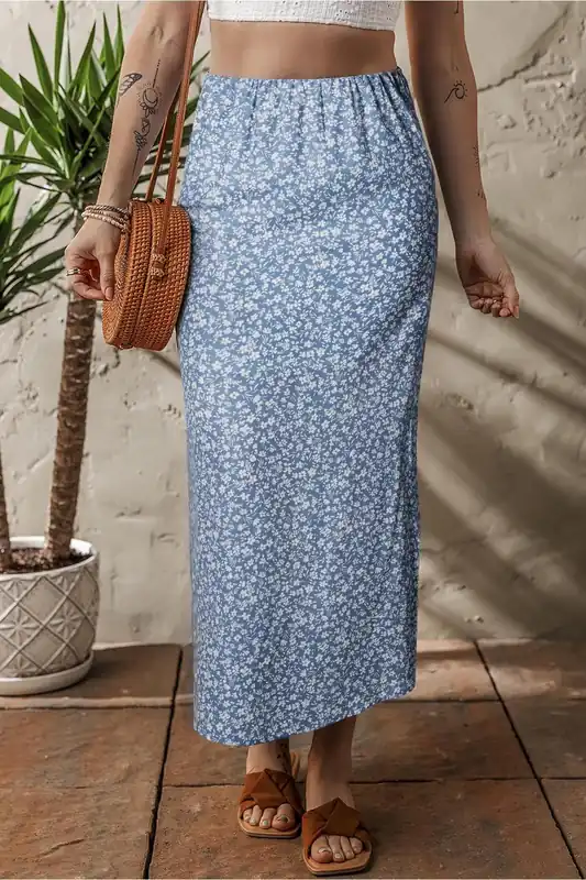 Sky Blue Boho Floral High Waist Long Skirt With Side Split - Everyday The Label
