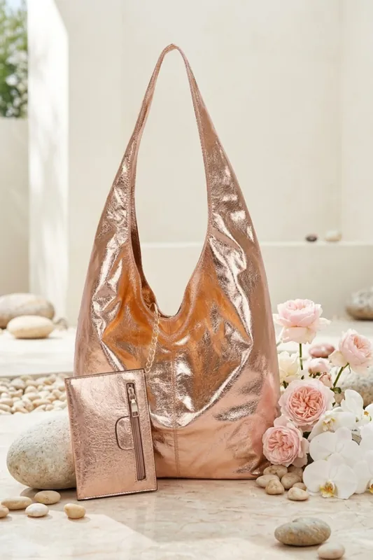 Metallic Slouch Shoulder Bag & Mini Pouch - Femme Luxe