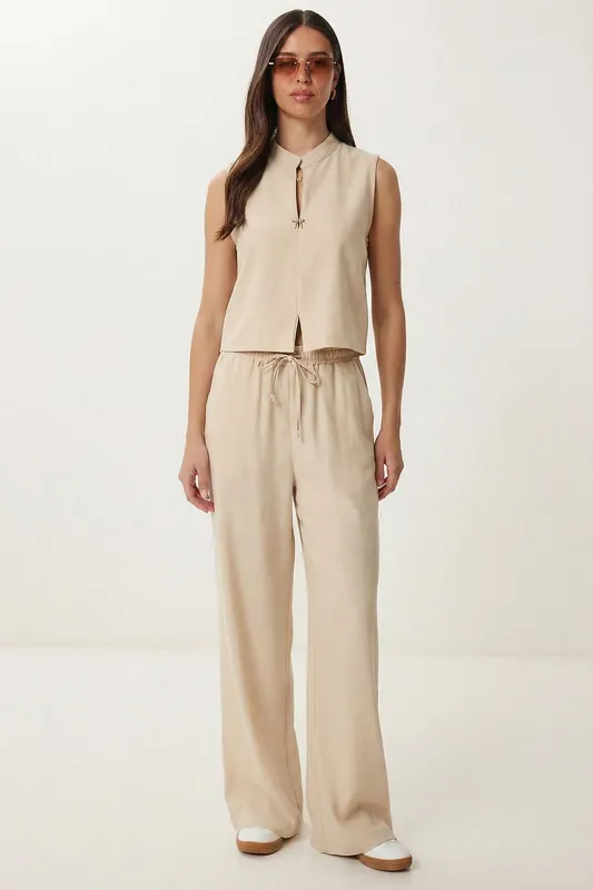 Mid Waist Mandarin Collar Woven Two-Piece Co-ord Set