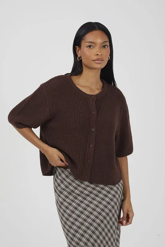 Short Sleeve Crew Neck Fisherman Knit Cardigan - Brave Soul