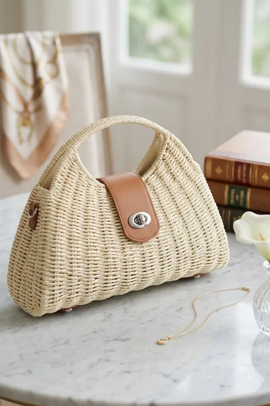 Beige Woven Top Handle Handbag - Forest