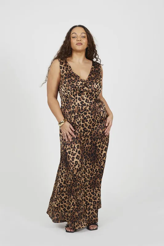 Plus Leopard Print Sleeveless Satin Maxi Dress - Brave Soul