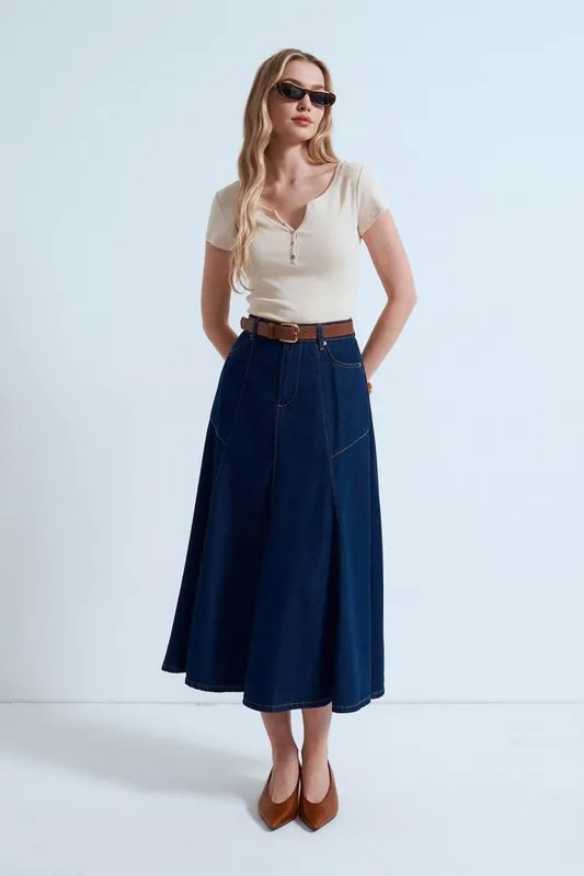 High-Waist Midi A-Line Denim Skirt
