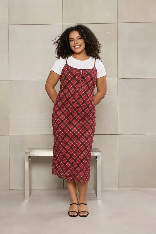Check Print Layered Slip Midi Dress - WOVCOR