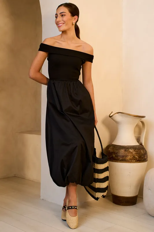 Black Bardot Jersey Mix Puff Ball Midi Dress - Gini London