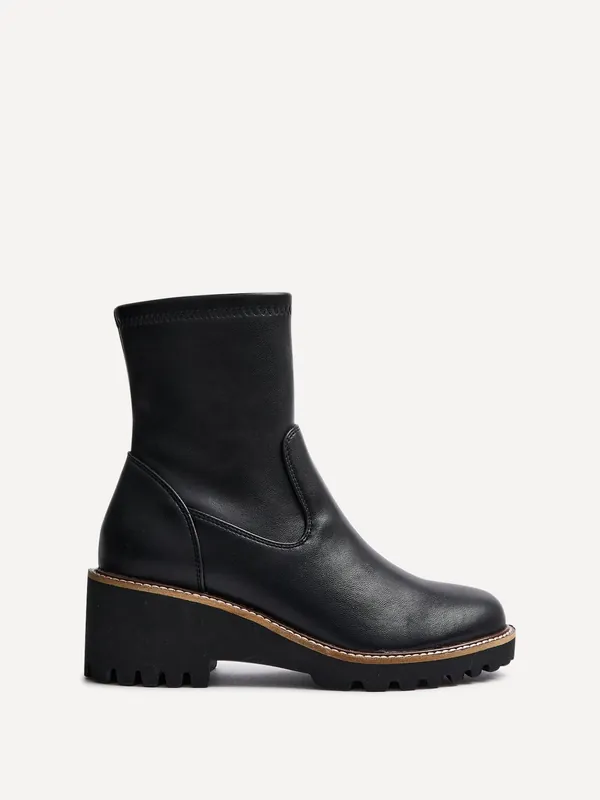 Trish Black Faux Leather Wedged Heel Ankle Boot - Linzi