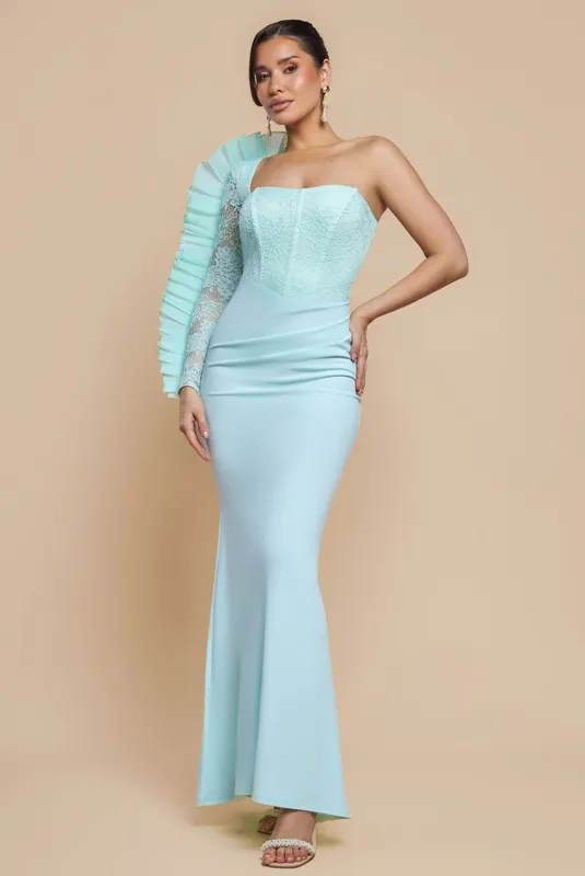 One Shoulder Organza Fan Detail Lace Bodice Maxi Dress - Goddiva