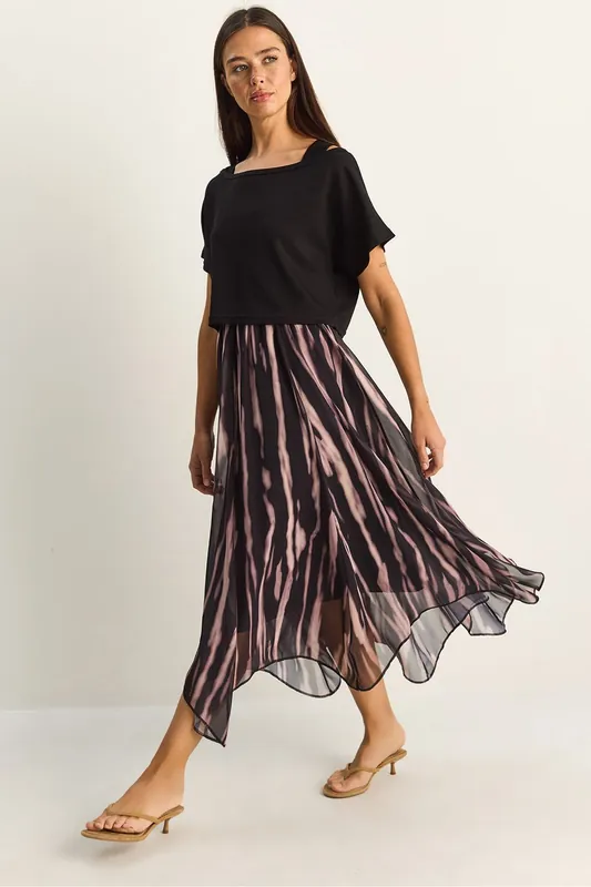 Abstract Print Boat Neck Midi Dress - Bianco Lucci