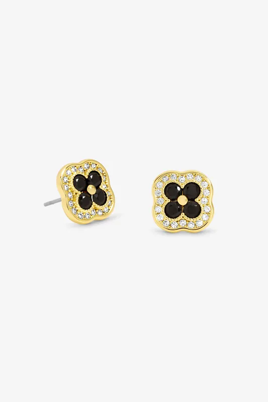 14K Gold Plated Crystal and Jet Clover Studs - Jon Richard