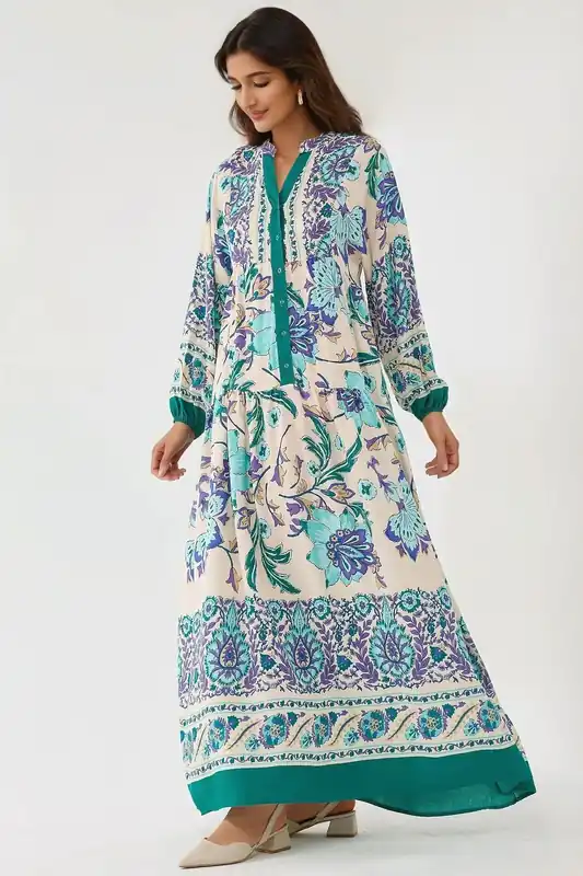 Printed Long Sleeve Viscose Maxi Dress - Hiccup