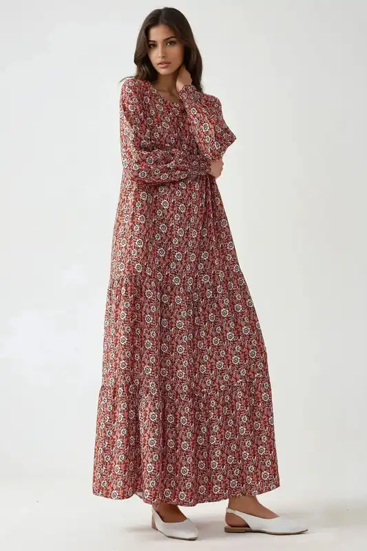 Printed Crew Neck Viscose Maxi Dress - Hiccup