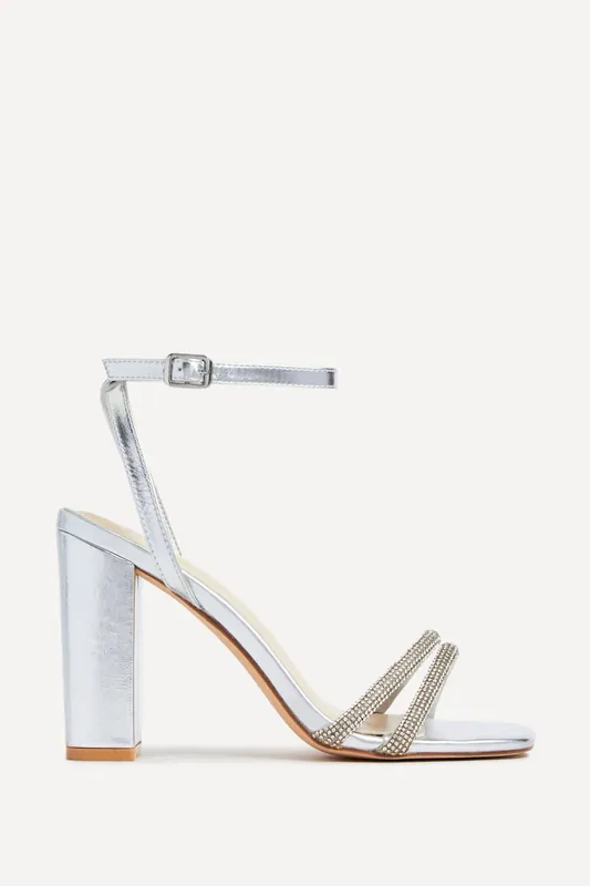Amelie Wide Fit Silver Faux Leather Diamante Strap Block Heeled Sandal - Linzi