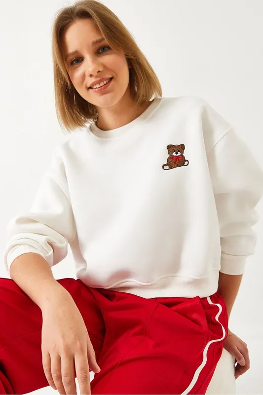 Embroidered Crop Sweatshirt with Bow - Bianco Lucci