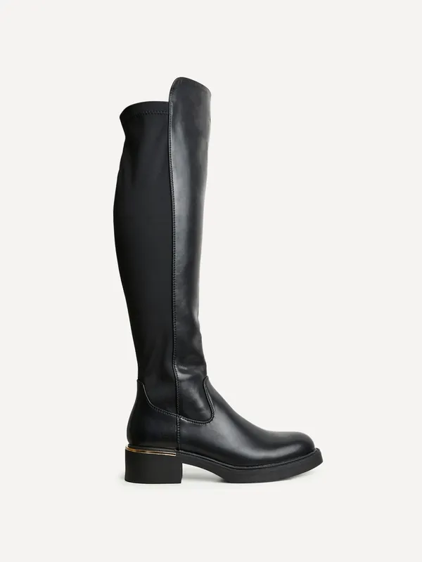Sawyer Black Faux Leather Knee High Classic Riding Boot - Linzi