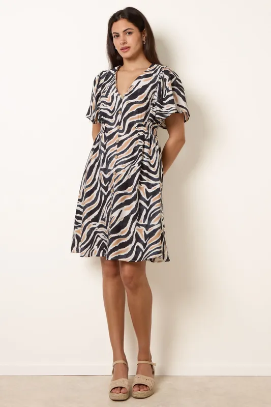 Black Coconut Button Shirred Waist Dress - Blue Vanilla
